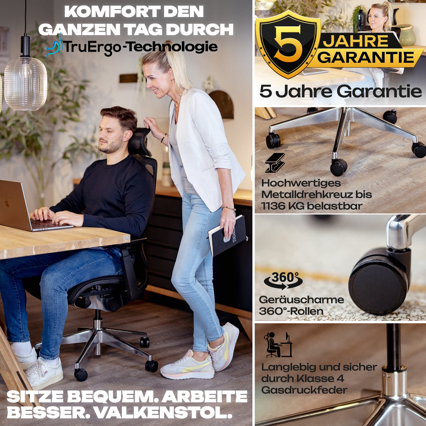 VALKENSTOL M6 - Premium Ergonomischer Bürostuhl für Nutzer bis ca. 1,95 m mit robuster Ausstattung