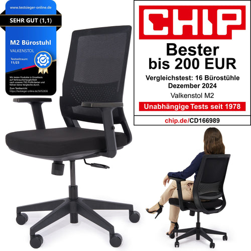 VALKENSTOL M2 ergonomischer Bürostuhl, von CHIP als Bester bis 200 Euro ausgezeichnet, Produktansicht mit Gütesiegeln
