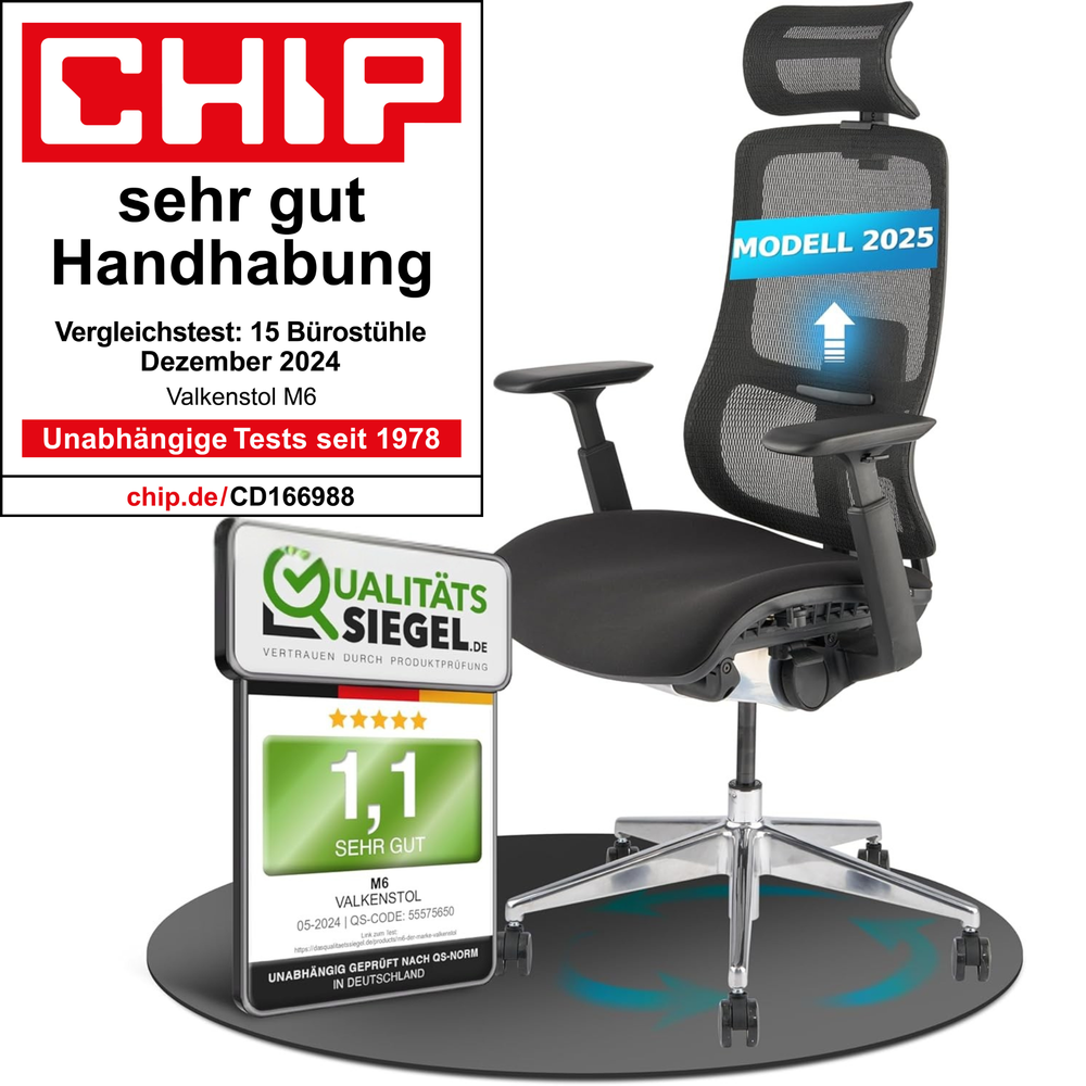 VALKENSTOL M6 Premium-Bürostuhl mit CHIP-Auszeichnung 'sehr gut', Produktansicht mit Gütesiegeln