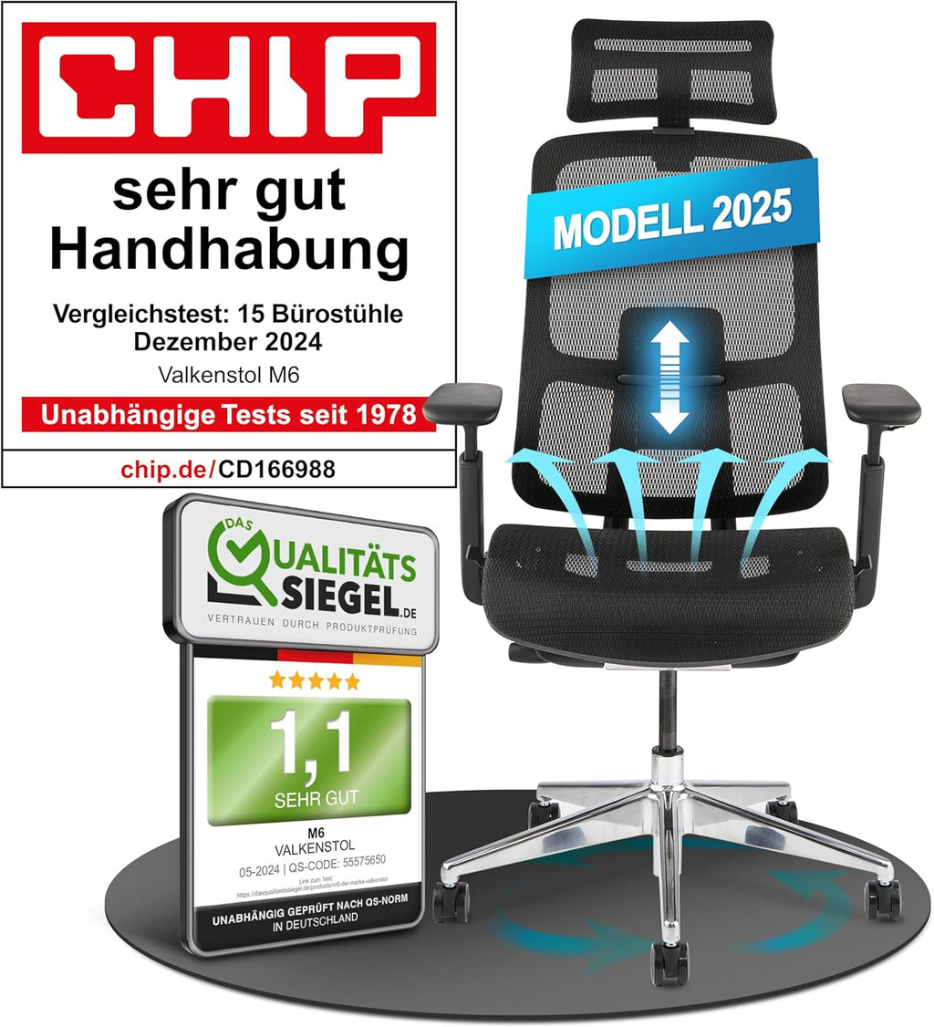 VALKENSTOL M6 Premium-Bürostuhl, von CHIP mit 'sehr gut' in der Handhabung bewertet, Produktansicht mit Gütesiegeln