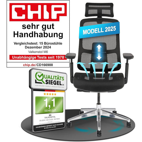 VALKENSTOL M6 Premium-Bürostuhl, von CHIP mit 'sehr gut' in der Handhabung bewertet, Produktansicht mit Gütesiegeln