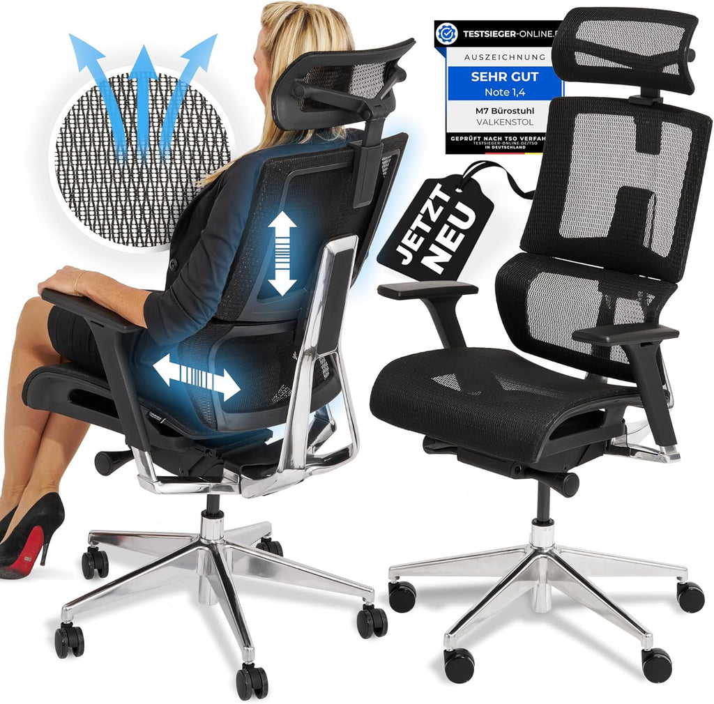 VALKENSTOL M7 High-End Business-Bürostuhl mit adaptiver Lordosenstütze und Mesh-Rücken, Produktansicht mit Gütesiegeln