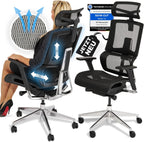 VALKENSTOL M7 High-End Business-Bürostuhl mit adaptiver Lordosenstütze und Mesh-Rücken, Produktansicht mit Gütesiegeln