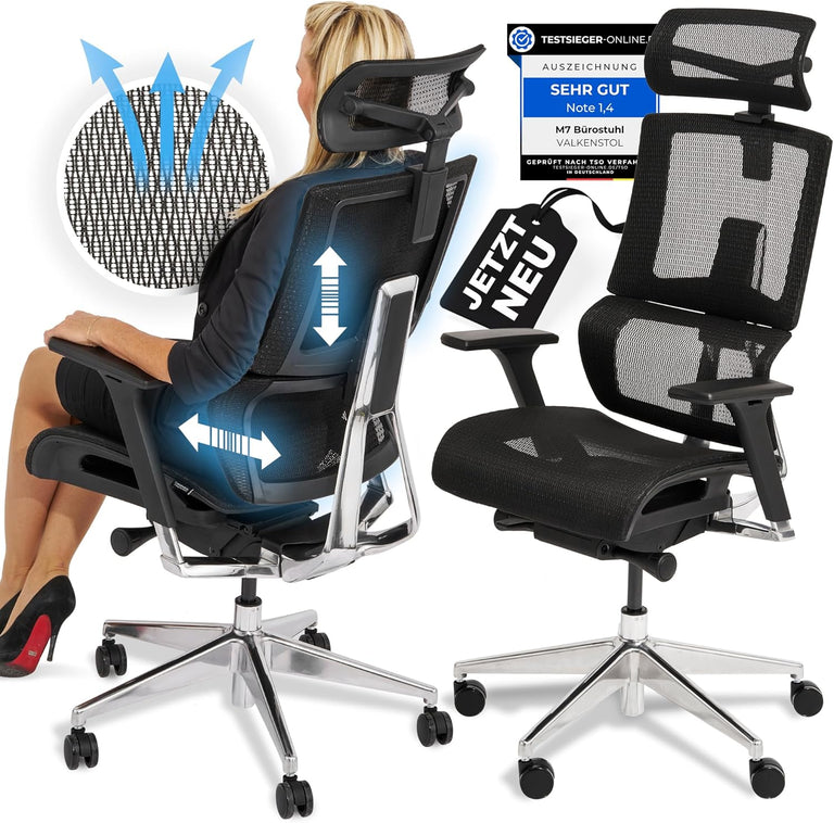 VALKENSTOL M7 High-End Business-Bürostuhl mit adaptiver Lordosenstütze und Mesh-Rücken, Produktansicht mit Gütesiegeln