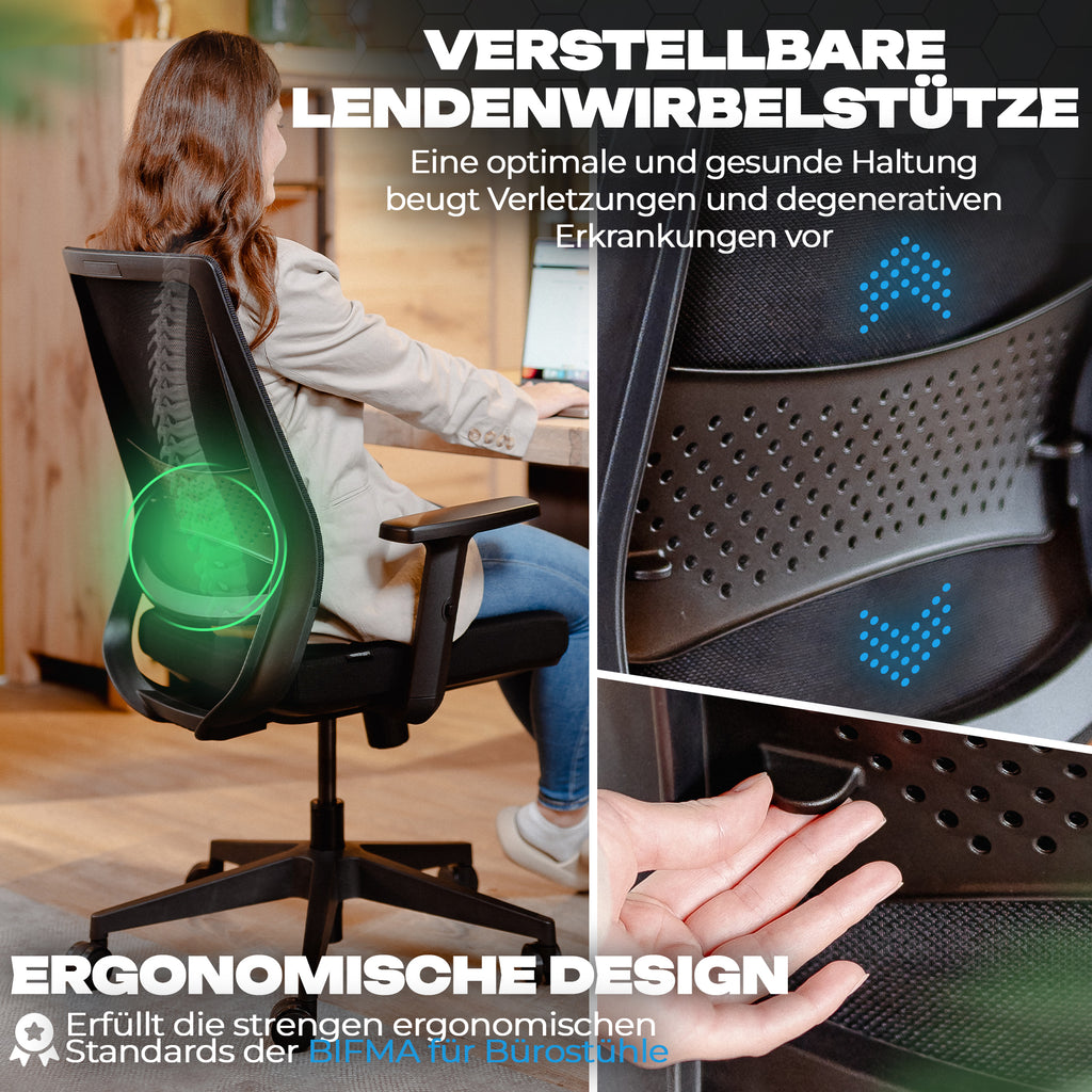Verstellbare Lendenwirbelstütze und ergonomisches Design des VALKENSTOL M2