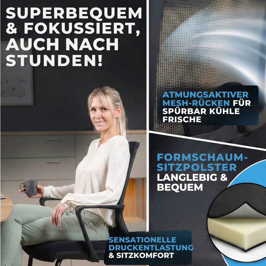 Frau sitzt im VALKENSTOL K1 Konferenzstuhl mit atmungsaktivem Mesh-Rücken und Formschaum-Sitzpolster für langes, fokussiertes Sitzen