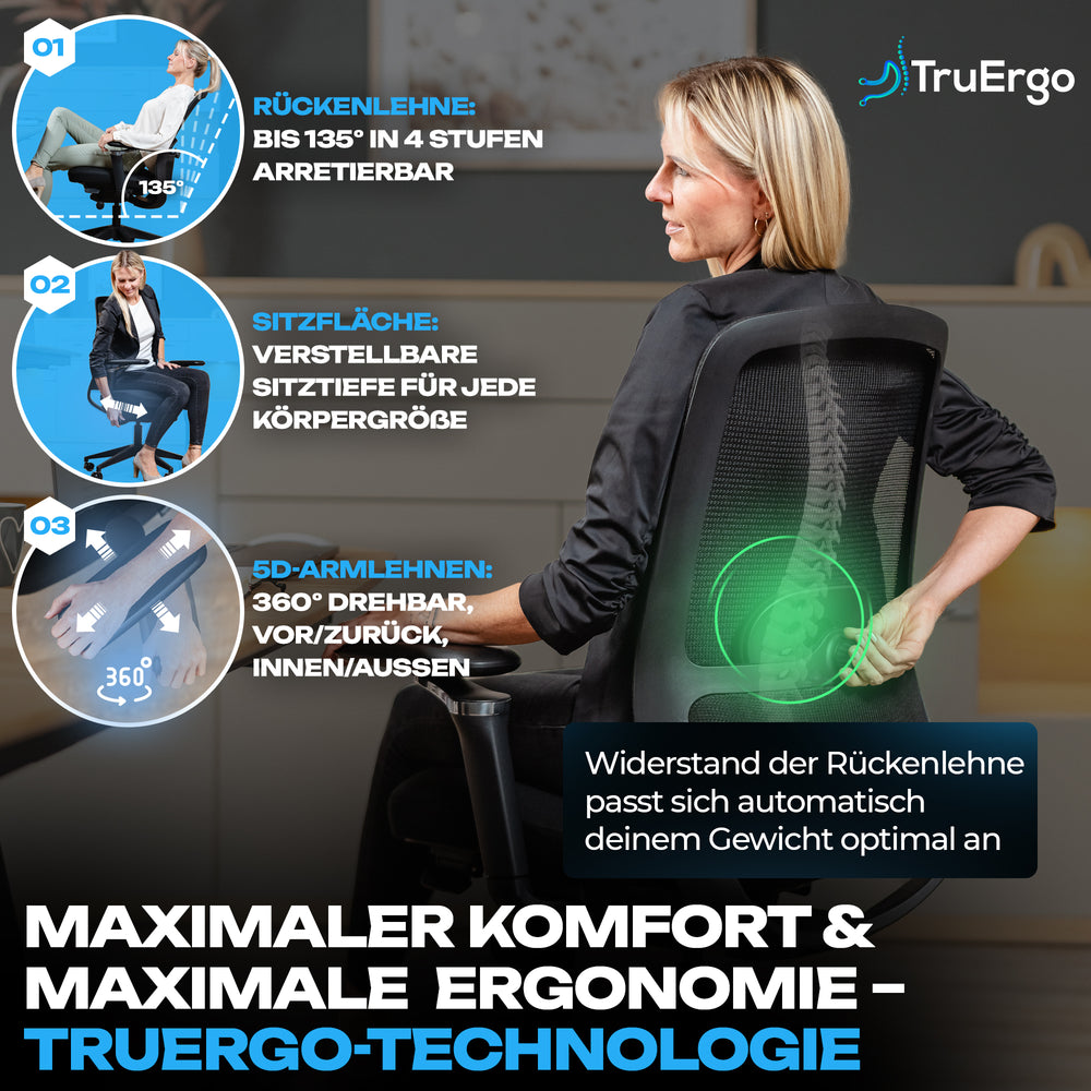 Frau sitzt im VALKENSTOL M4 mit TruErgo-Technologie für maximalen Komfort und maximale Ergonomie