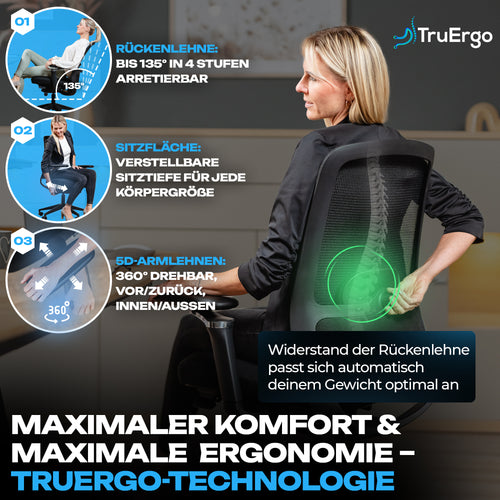 Frau sitzt im VALKENSTOL M4 mit TruErgo-Technologie für maximalen Komfort und maximale Ergonomie