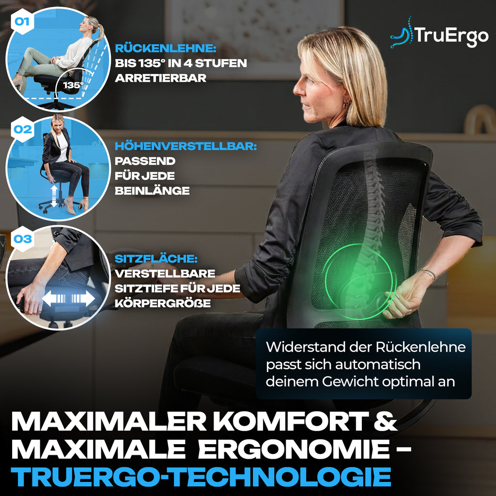 Frau sitzt im VALKENSTOL M4 mit TruErgo-Technologie für maximalen Komfort und maximale Ergonomie