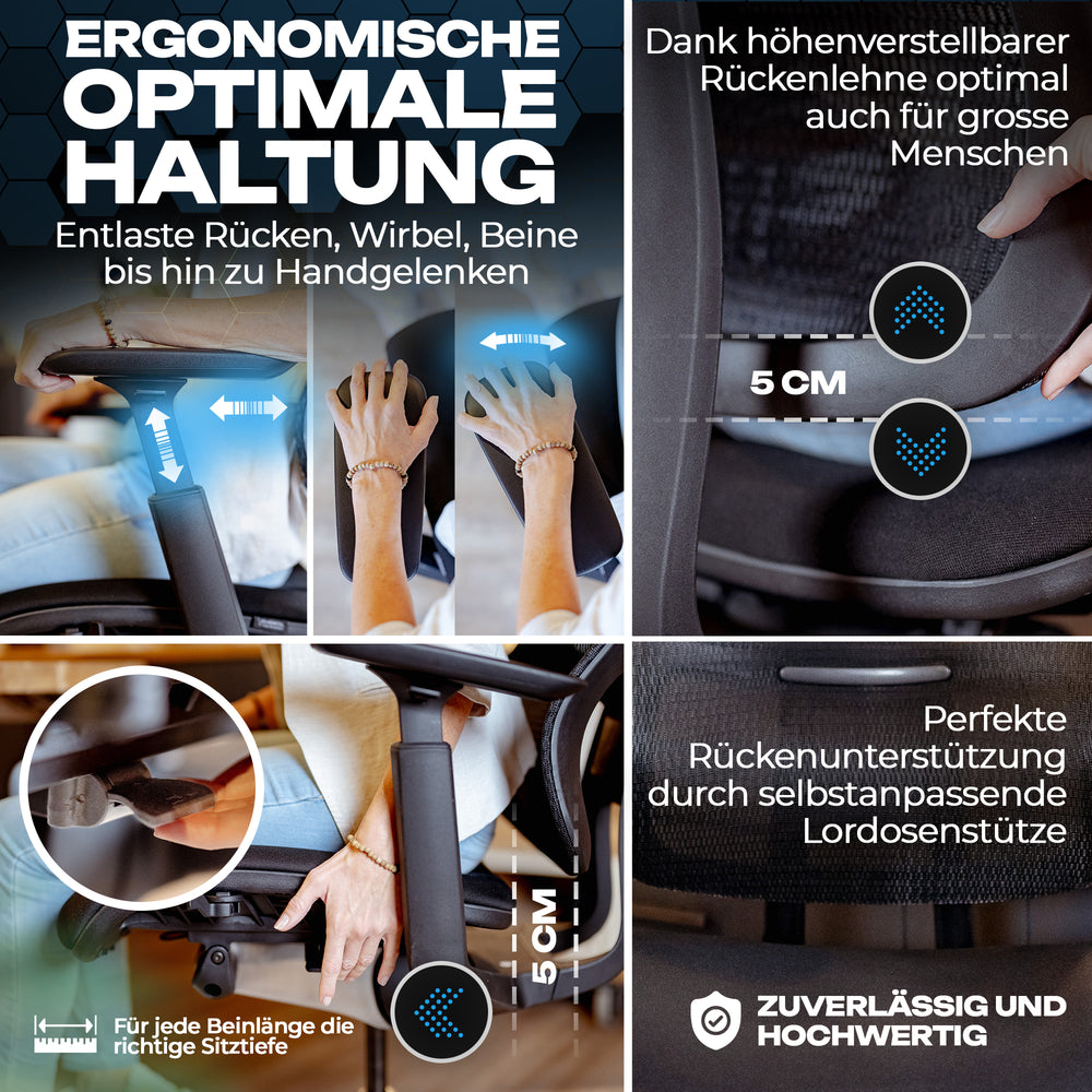 VALKENSTOL M6 mit höhenverstellbarer Rückenlehne und Lordosenstütze für eine ergonomisch optimale Haltung