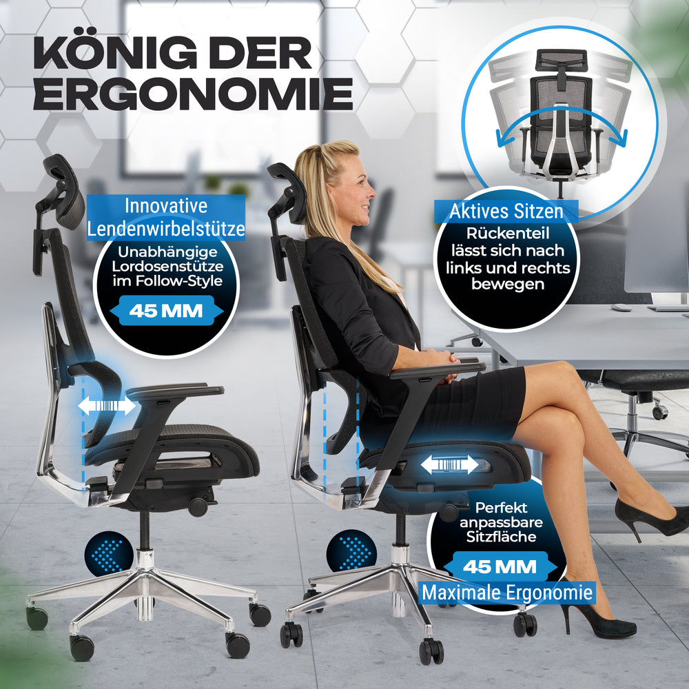 Frau sitzt im VALKENSTOL M7 Bürostuhl mit adaptiver Lordosenstütze für ergonomische Unterstützung des unteren Rückens