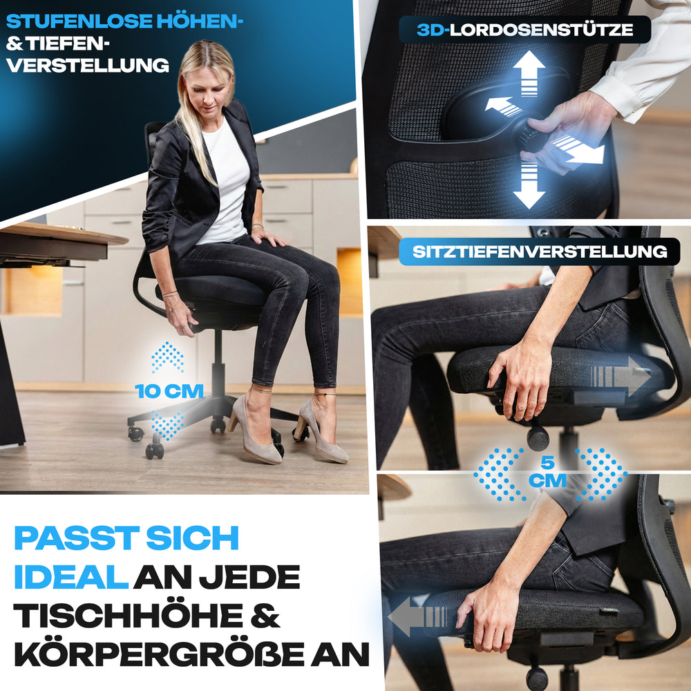 VALKENSTOL M4, der sich mit Sitzhöhenverstellung und Lordosenstütze an jede Tischhöhe und Körpergröße anpasst