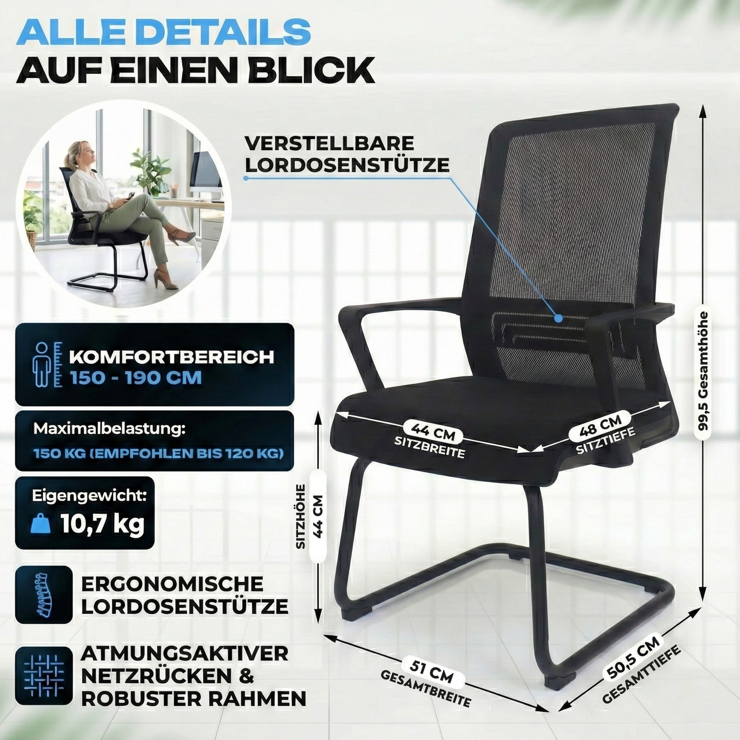 VALKENSTOL K1 -  Konferenzstuhl Freischwinger Schwarz mit Armlehne