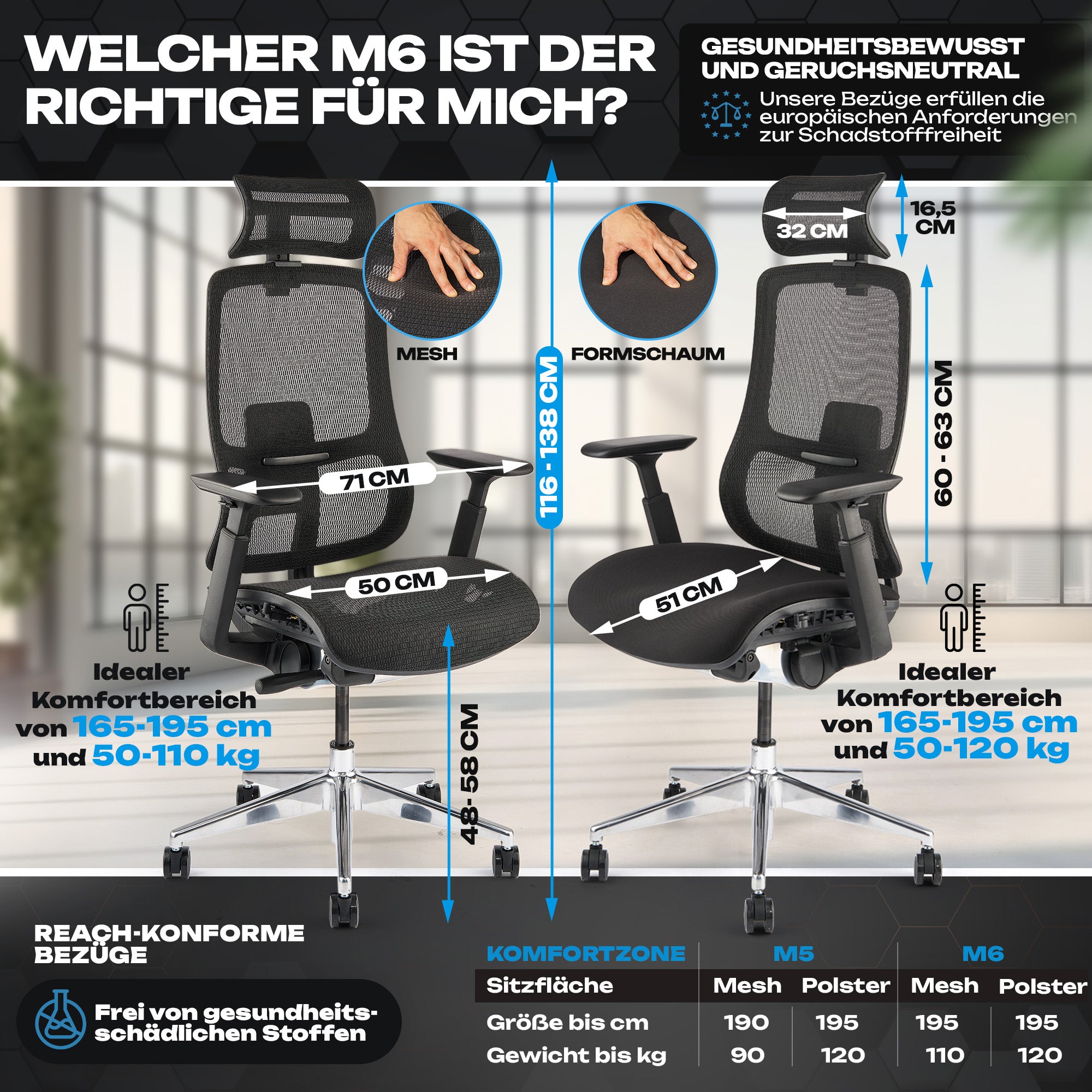 VALKENSTOL M6 - Premium Ergonomischer Bürostuhl bis 1,95 m