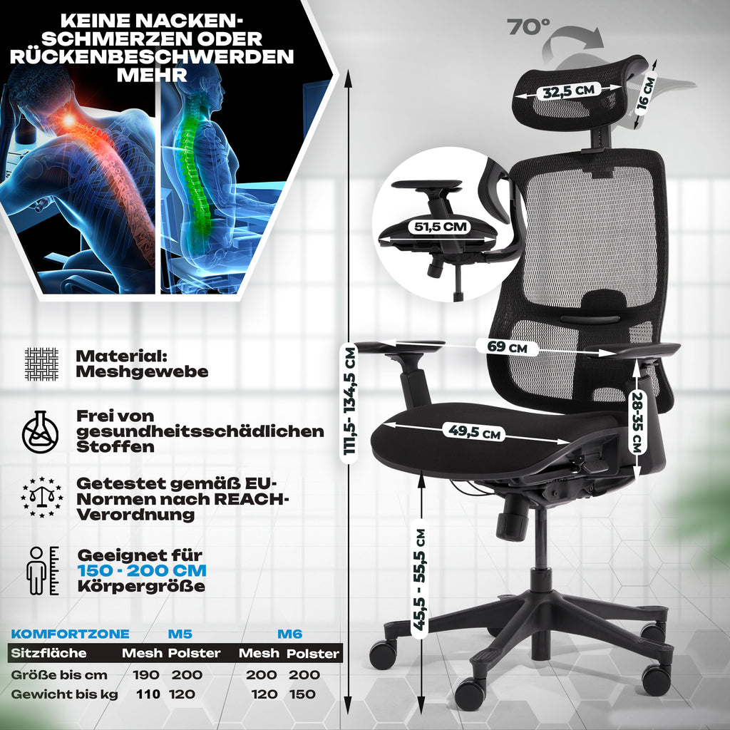VALKENSTOL M5 ergonomischer Bürostuhl mit Kopfstütze in Schwarz