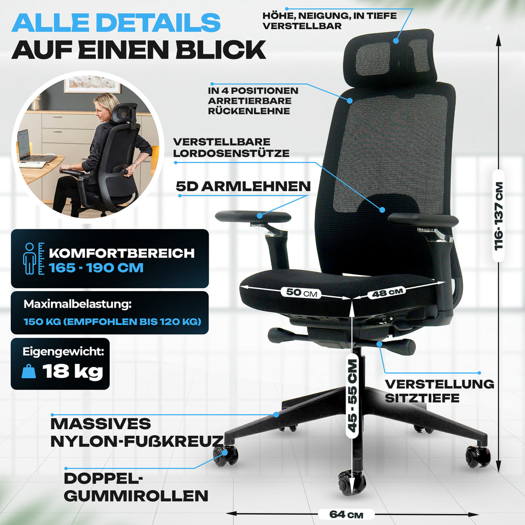 Ausstattungsübersicht des VALKENSTOL M4 mit Kopfstütze: Lordosenstütze, 5D-Armlehnen und Nylon-Fußkreuz