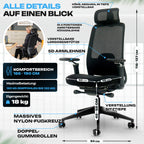 Ausstattungsübersicht des VALKENSTOL M4 mit Kopfstütze: Lordosenstütze, 5D-Armlehnen und Nylon-Fußkreuz