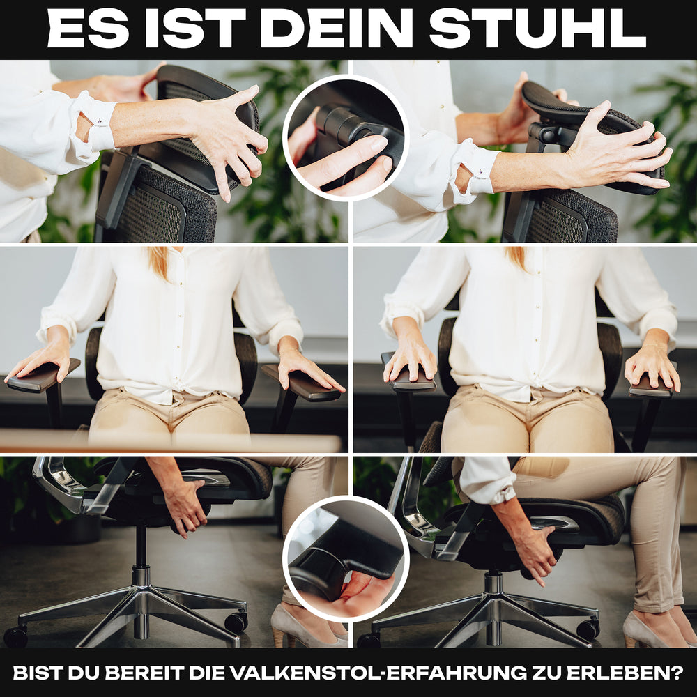 Detailansichten des VALKENSTOL M7 Bürostuhls mit Armlehnen, Kopfstütze und Mechanik im Überblick