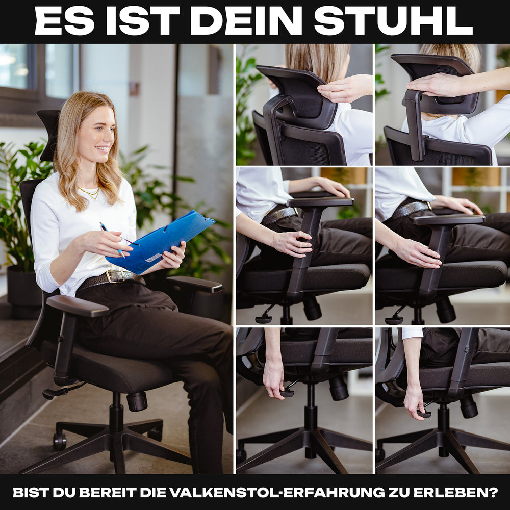 Detailansichten des VALKENSTOL M3 Bürostuhls mit Frau im Homeoffice