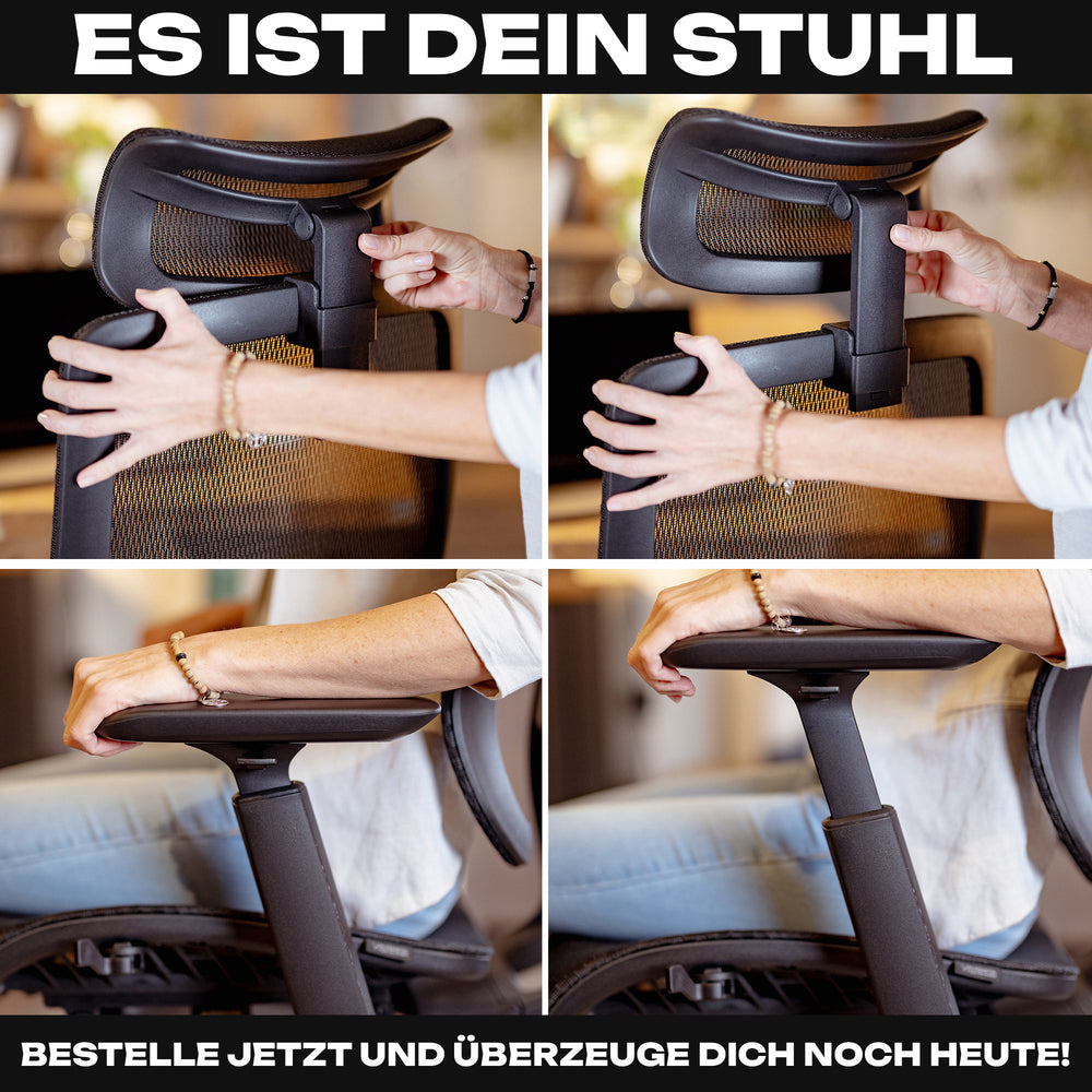 Detailansichten des VALKENSTOL M6 Bürostuhls mit Armlehnen und Mechanik