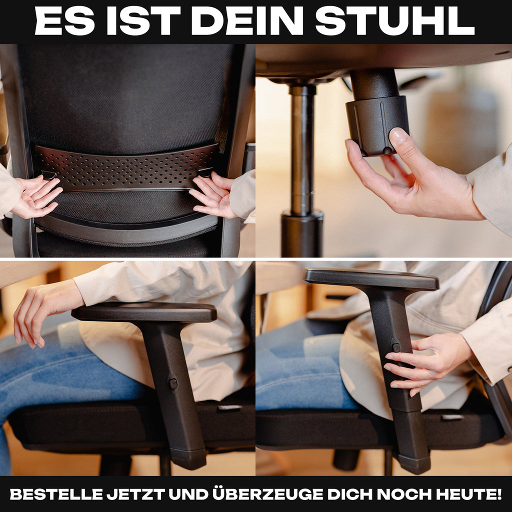 Detailansichten des VALKENSTOL M2 Bürostuhls mit Bestell-Hinweis