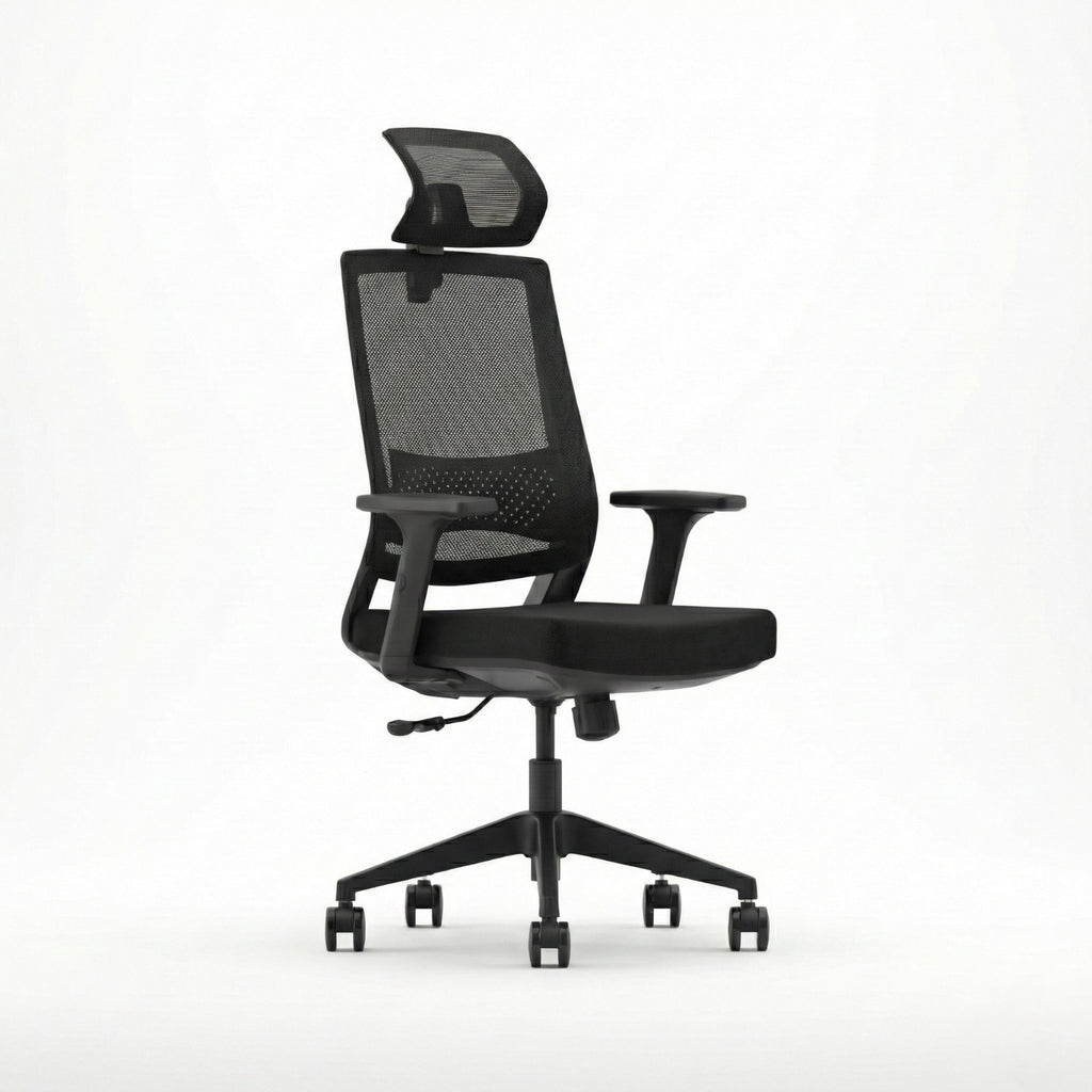 VALKENSTOL M2 ergonomischer Bürostuhl in Schwarz mit Mesh-Rücken und Kopfstütze, Frontansicht