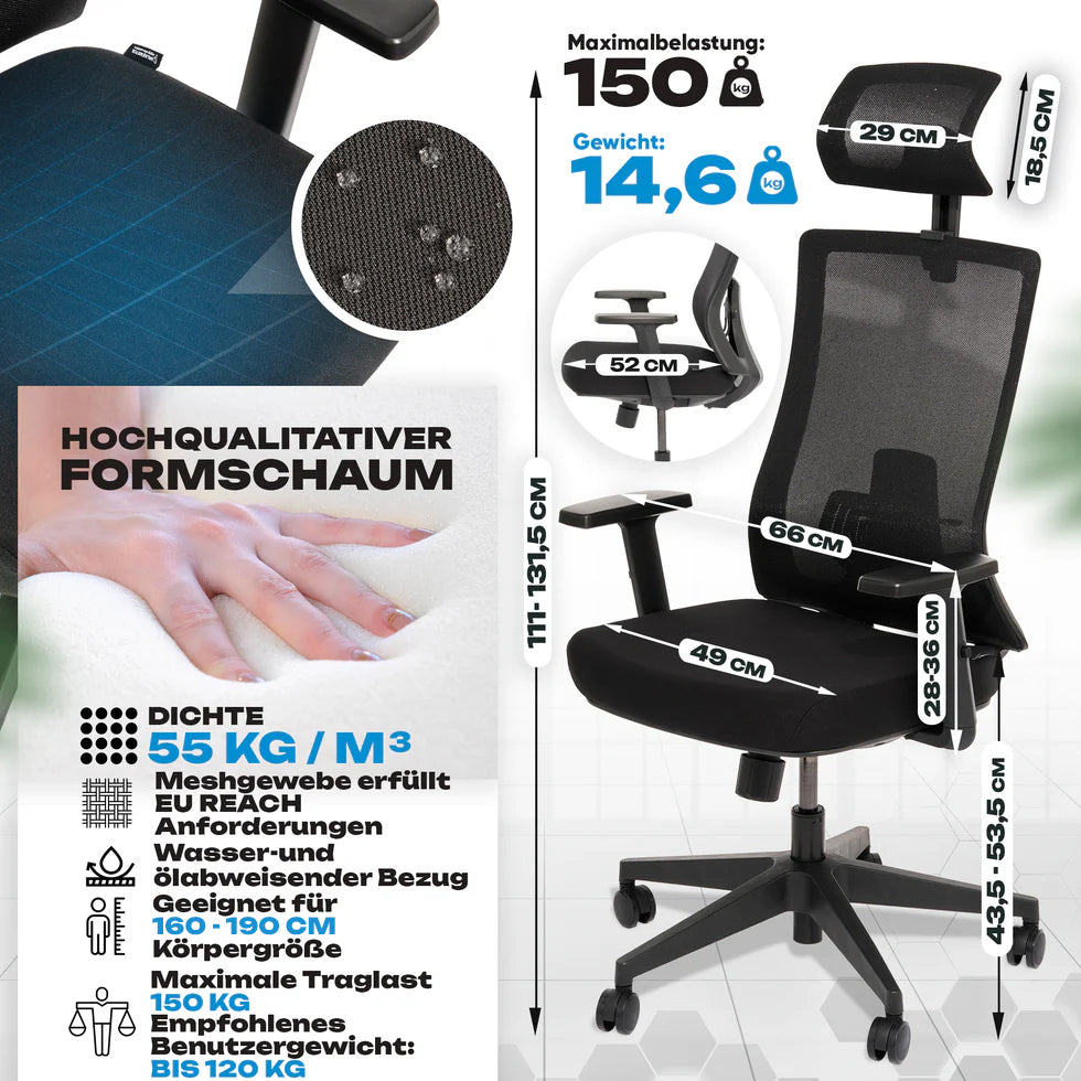 Technische Daten des VALKENSTOL M3 mit Maßangaben, belastbar bis 150 kg