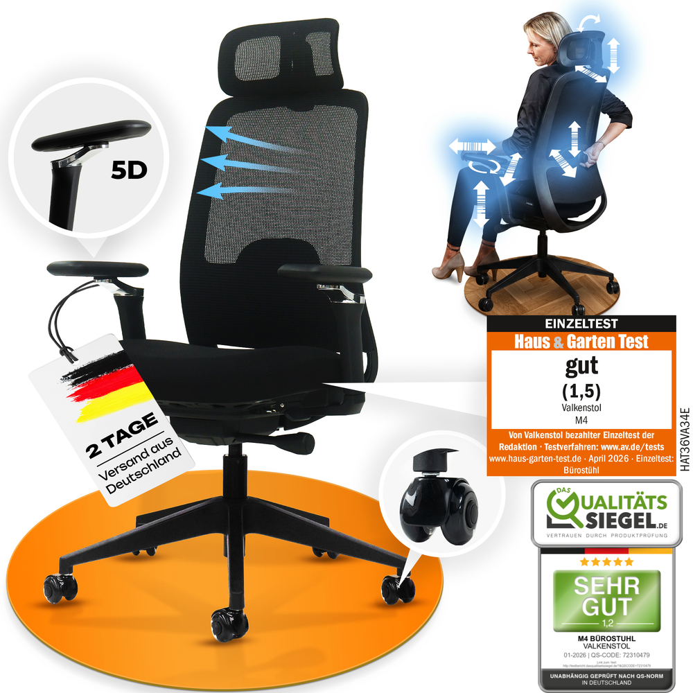 VALKENSTOL M4 ergonomischer Bürostuhl mit Kopfstütze und 5D-Armlehnen, Produktansicht mit Gütesiegeln