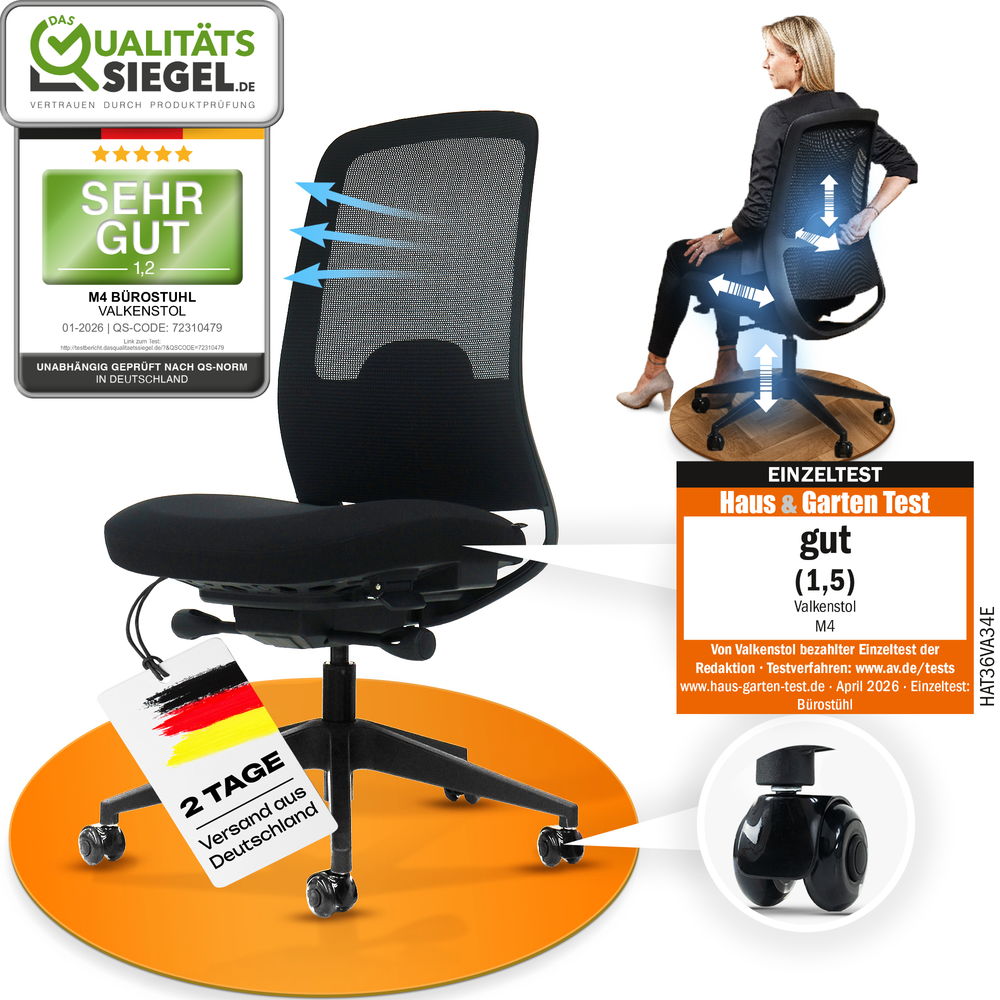 VALKENSTOL M4 ergonomischer Bürostuhl ohne Armlehnen, Produktansicht mit Gütesiegeln