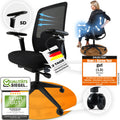 VALKENSTOL M4 ergonomischer Bürostuhl, modern und stylish, mit 5D-Armlehnen und Kopfstütze, Produktansicht mit Gütesiegeln