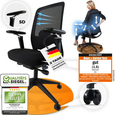 VALKENSTOL M4 ergonomischer Bürostuhl, modern und stylish, mit 5D-Armlehnen und Kopfstütze, Produktansicht mit Gütesiegeln