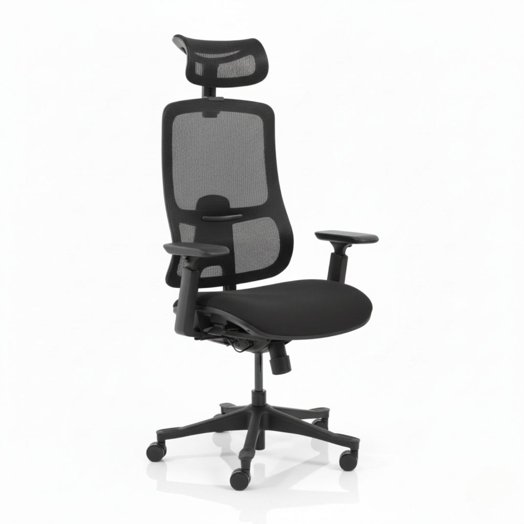 VALKENSTOL M5 ergonomischer Bürostuhl in Schwarz mit atmungsaktivem Mesh-Rücken und verstellbarer Kopfstütze, Studioansicht