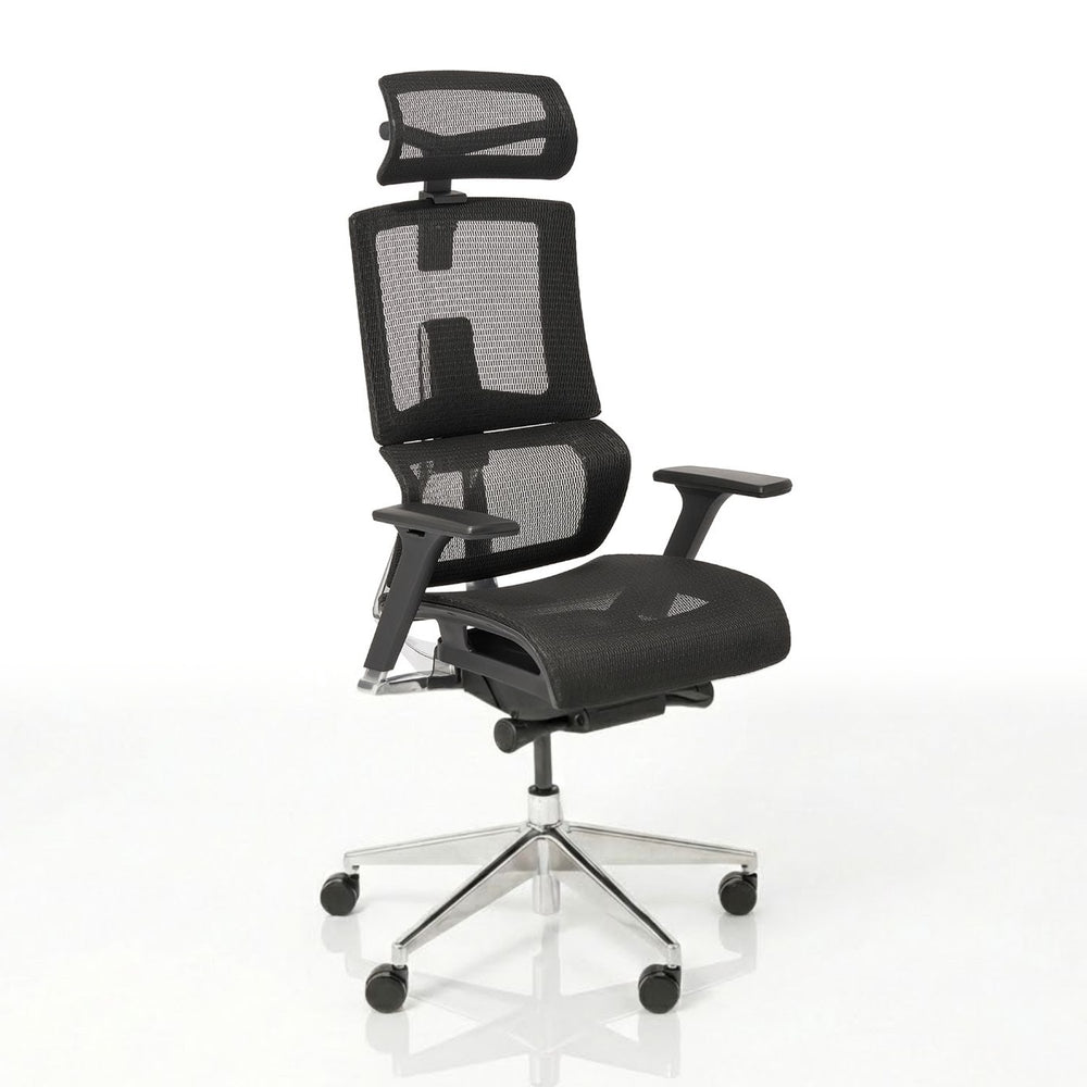 VALKENSTOL M7 ergonomischer Bürostuhl in der Seitenansicht mit Aluminium-Fußkreuz und adaptiver Lordosenstütze