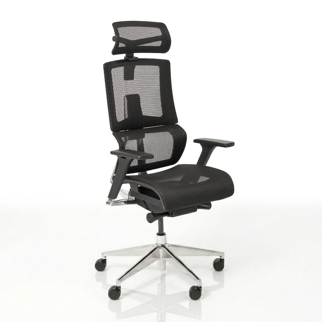 VALKENSTOL M7 ergonomischer Bürostuhl in der Seitenansicht mit Aluminium-Fußkreuz und adaptiver Lordosenstütze