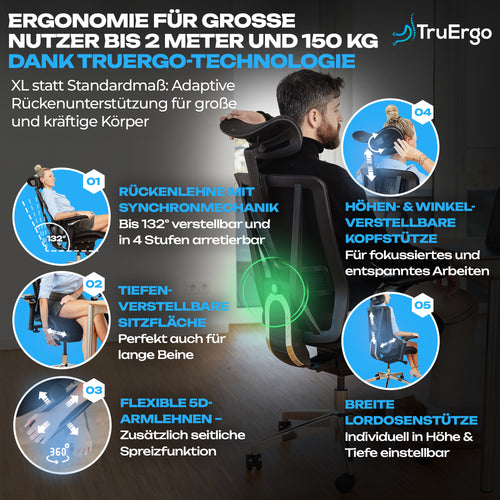 VALKENSTOL M8 ergonomischer Bürostuhl für große Nutzer bis 2 Meter und 150 kg mit TruErgo-Technologie, 4D-Armlehnen und höhenverstellbarer Kopfstütze