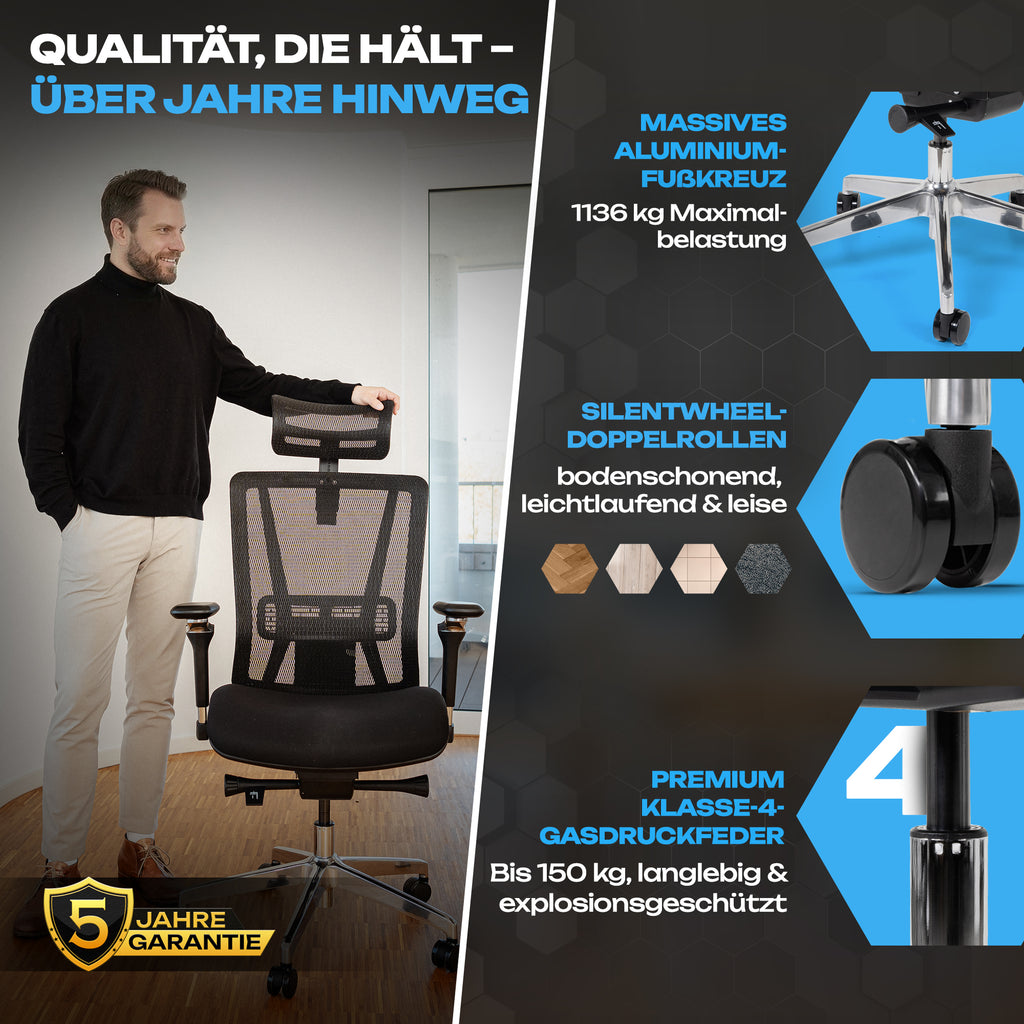 VALKENSTOL M8 - Premium Ergonomischer Bürostuhl Für Große Nutzer Bis 2,00 Meter