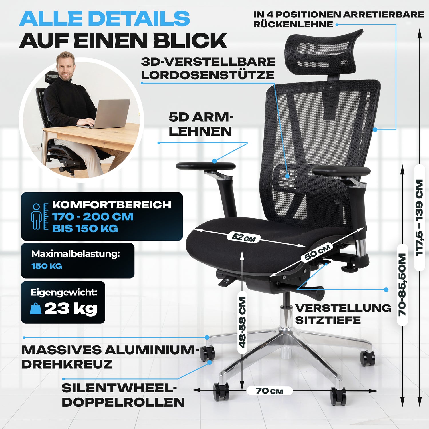 VALKENSTOL M8 - Premium Ergonomischer Bürostuhl Für Große Nutzer Bis 2,00 Meter