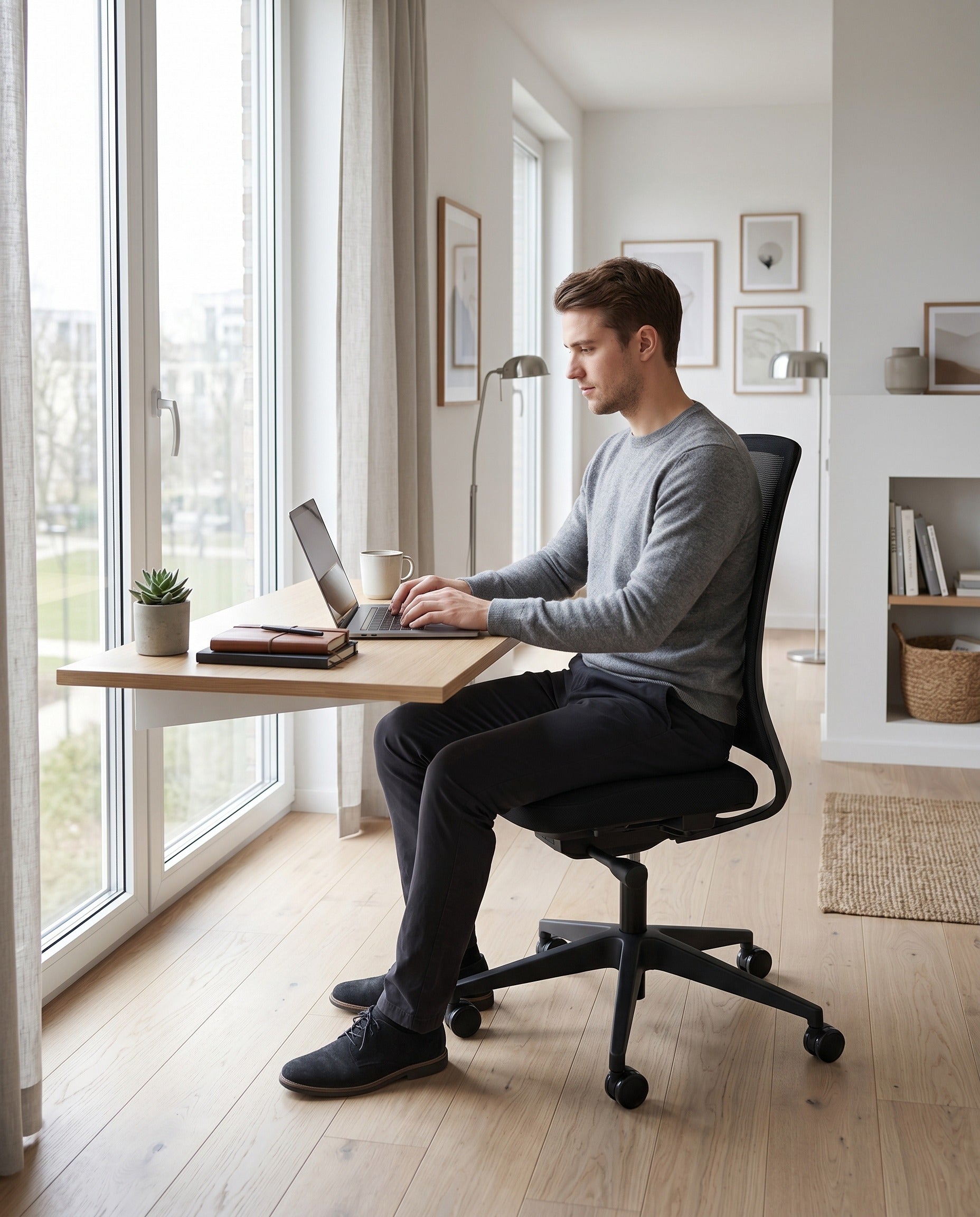 VALKENSTOL M2 Essential ohne Armlehnen im hellen Homeoffice am Schreibtisch